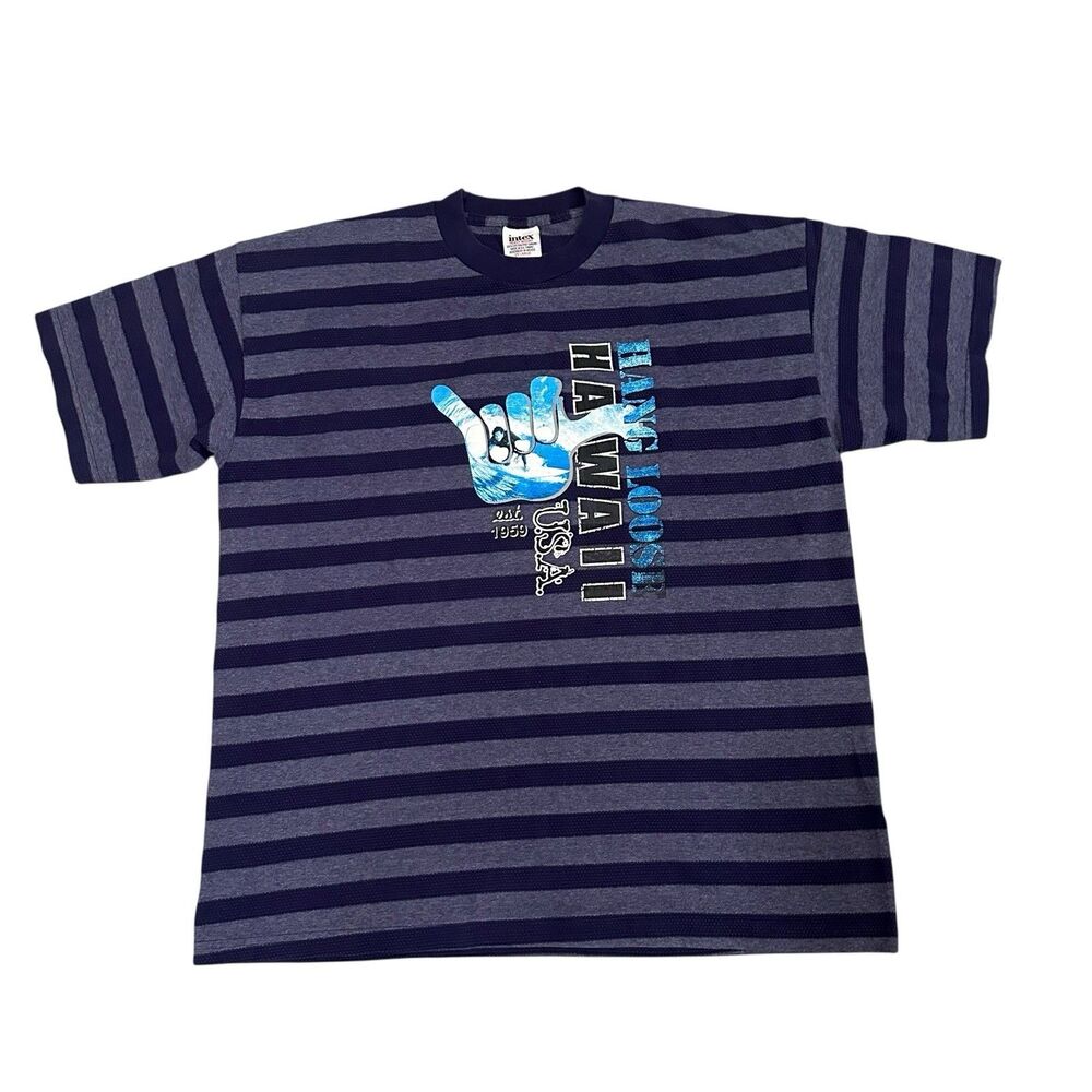 Vintage Hang Loose Hawaii T Shirt Blue Stripes Mens 2XL Heavyweight Intex 90s